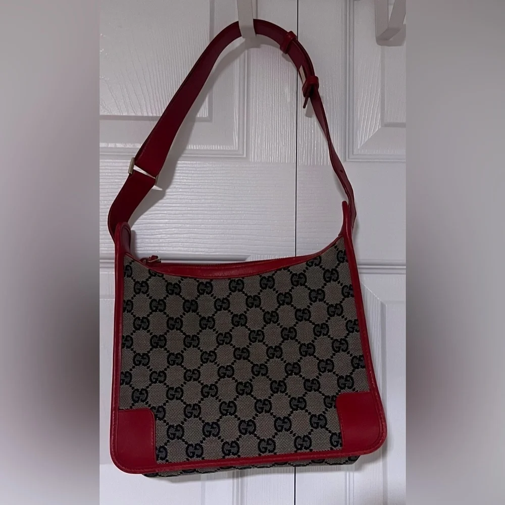 Gucci Vintage GG Monogram Canvas and Red Leather Shoulder Bag